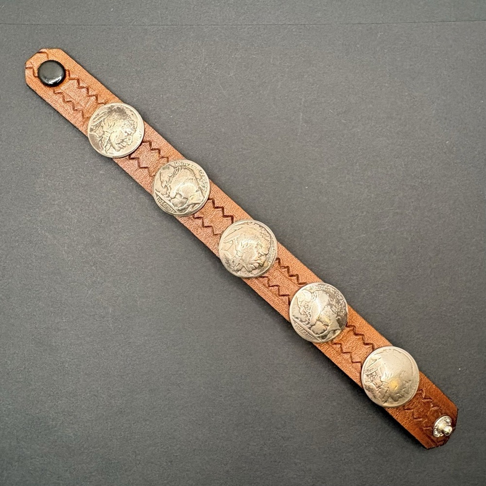 Vintage Leather Indian Head Buffalo Nickel Bracelet Snap Cuff 8" 5 Nickels